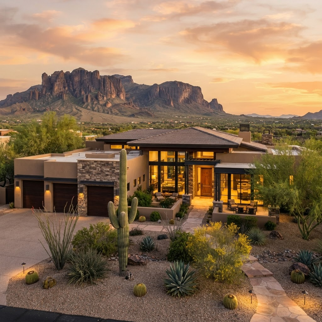 A modern luxury home at golden hour